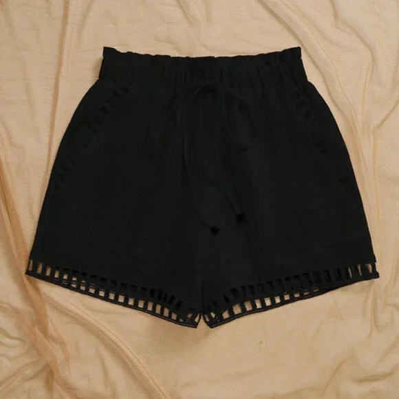 Black Casual Women's Paper Bag Waist Shorts